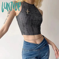 Lunivop Fashion Vintage Hole Slim Fit Vest For Women Y2K E-Girl O-Neck Sleeveless Tops Mujer 2024