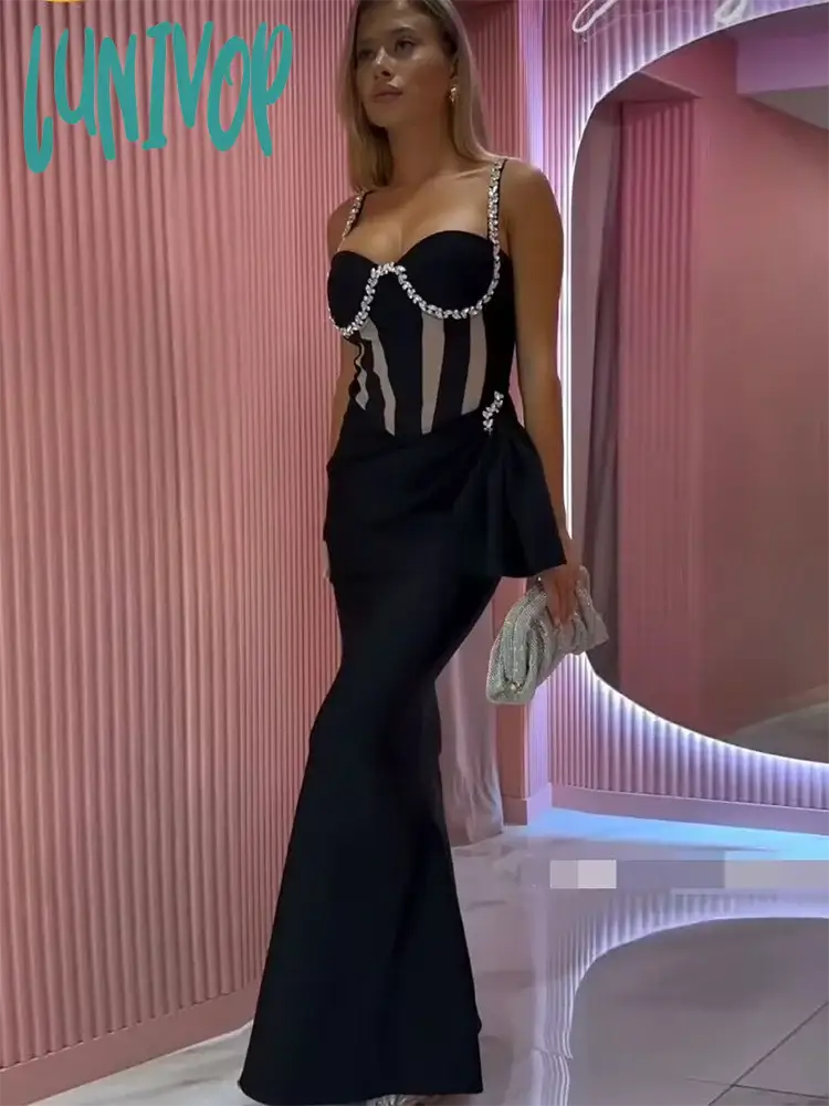 Lunivop Fashion Women Elegant Luxury Mesh Tight Spaghetti Strap Backless Diamond Design Sexy