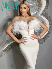 Lunivop Fashion Women Elegant Luxury Strapless V-Neck Feather Midi Bandage Dress Formal Occasion