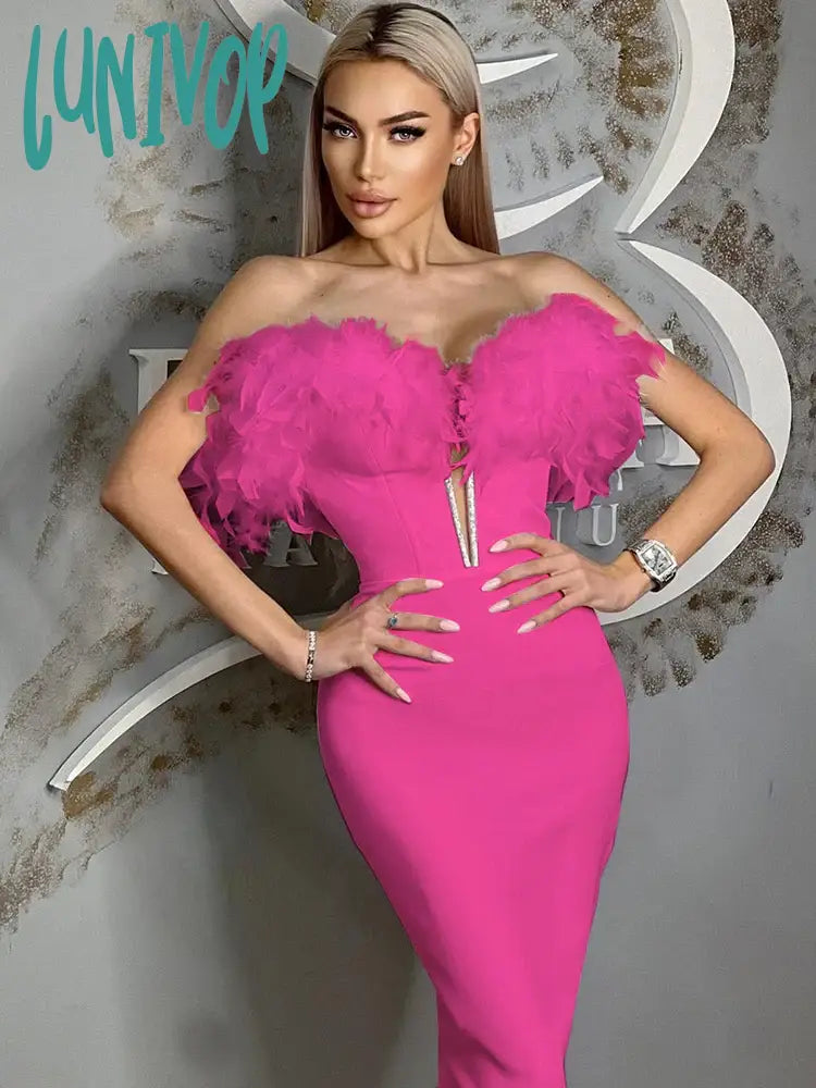 Lunivop Fashion Women Elegant Luxury Strapless V-Neck Feather Midi Bandage Dress Formal Occasion