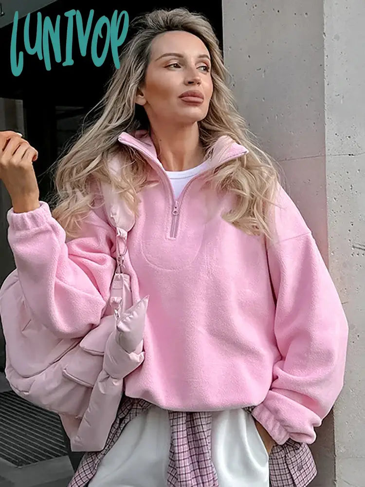 Lunivop Fashion Women’s Sports Sweatshirts Velvet Autumn Winter New Niche Solid Loose Casual