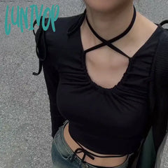 Lunivop Fashion Y2K Dark Punk T-Shirt Women Streetwear U-Neck Pleated Lace-Up Short Slim