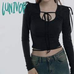 Lunivop Fashion Y2K Dark Punk T-Shirt Women Streetwear U-Neck Pleated Lace-Up Short Slim