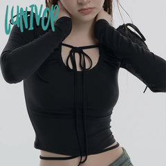 Lunivop Fashion Y2K Dark Punk T-Shirt Women Streetwear U-Neck Pleated Lace-Up Short Slim