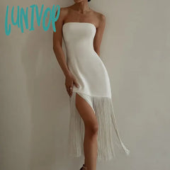 Lunivop Fashionable Solid Color Women Dress 2024 Summer Elegant New Tassel Sexy Chest Wrapping