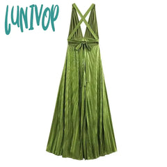 Lunivop Female Casual Wide Leg Jumpsuits Green V-Neck Sexy Backless Sleeveless Long Pants Women’s