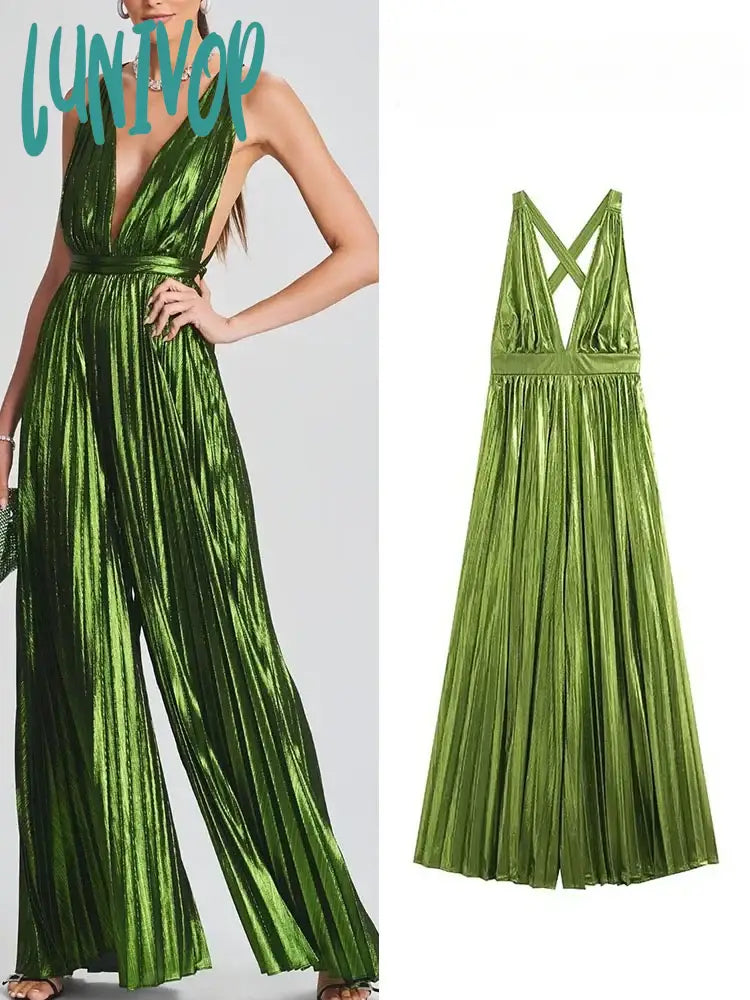 Lunivop Female Casual Wide Leg Jumpsuits Green V-Neck Sexy Backless Sleeveless Long Pants Women’s
