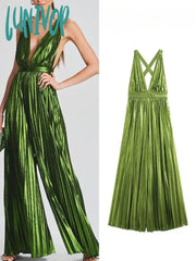 Lunivop Female Casual Wide Leg Jumpsuits Green V-Neck Sexy Backless Sleeveless Long Pants Women’s