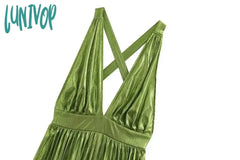 Lunivop Female Casual Wide Leg Jumpsuits Green V-Neck Sexy Backless Sleeveless Long Pants Women’s