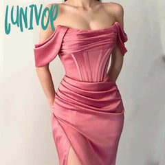 Lunivop Ff The Shoulder Slim Evening Dresses Pleated Floor-Length Sexy Mermaid Prom Gowns Custom