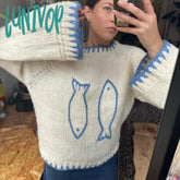 Lunivop Fish Contrast Color Warm Sweater For Fall Winter Y2K Knitwear Aesthetic Knitted Vintage