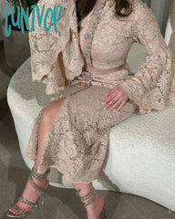 Lunivop Flora Dress Champange Lace Mermaid Long Sleeves Prom Dresses High Neck Crystal Buttons