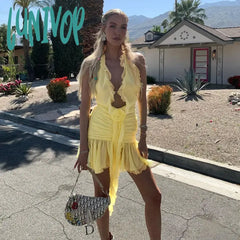 Lunivop Floral Applique Elegant Halter Frill Hem Mini Dresses For Women Summer Ruffle See Through