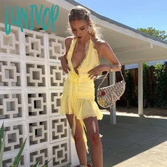 Lunivop Floral Applique Elegant Halter Frill Hem Mini Dresses For Women Summer Ruffle See Through