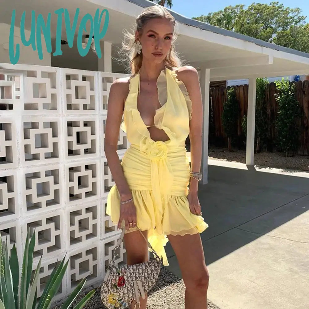Lunivop Floral Applique Elegant Halter Frill Hem Mini Dresses For Women Summer Ruffle See Through