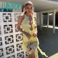 Lunivop Floral Applique Elegant Halter Frill Hem Mini Dresses For Women Summer Ruffle See Through