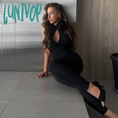 Lunivop Floral Applique Halter Sexy Cut Out Jumpsuits Fashion Outfits One Piece Women Bodycon