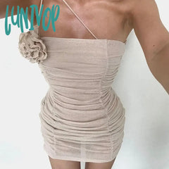 Lunivop Floral Applique Ruched Slip Mini Dresses Fashion Summer Outfits For Women Club Party Sexy