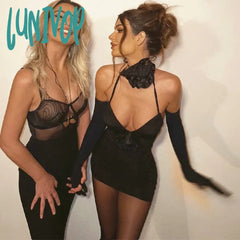 Lunivop Floral Applique Wrap Around Halter Mini Dresses Outfits For Women Summer Sexy Backless With