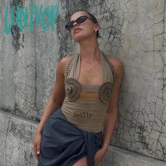 Lunivop Floral Detail Sexy Halter Crop Tops Party Club Outfits For Women Mesh Backless Chic Elegant