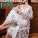 Lunivop Floral Mesh Night Dress Robe Sets Women Two Pieces Sexy Long Peignoir Romantic Nightgown