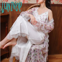 Lunivop Floral Mesh Night Dress Robe Sets Women Two Pieces Sexy Long Peignoir Romantic Nightgown
