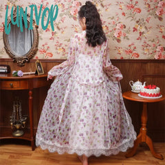 Lunivop Floral Mesh Night Dress Robe Sets Women Two Pieces Sexy Long Peignoir Romantic Nightgown