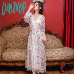 Lunivop Floral Mesh Night Dress Robe Sets Women Two Pieces Sexy Long Peignoir Romantic Nightgown