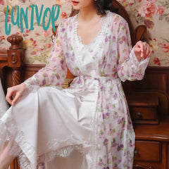 Lunivop Floral Mesh Night Dress Robe Sets Women Two Pieces Sexy Long Peignoir Romantic Nightgown