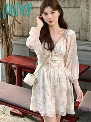 Lunivop Floral Print Dress Women Ruffled Korean Fashion Party Mini Female Strappy Vintage Princess