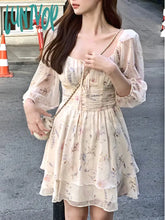 Lunivop Floral Print Dress Women Ruffled Korean Fashion Party Mini Female Strappy Vintage Princess