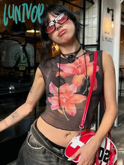 Lunivop Floral Print Graphic T Shirts For Women Aesthetic Clothes Mesh See Through Y2K Accessories