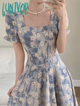 Lunivop Floral Print Summer Plus Size Dress For Women Elegant Puff Short Sleeve Square Collar
