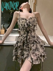 Lunivop Floral Print Vintage Dress Women Korean Fashion Party Strap Mini Female Ruffle Flounce