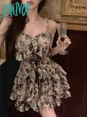 Lunivop Floral Print Vintage Dress Women Korean Fashion Party Strap Mini Female Ruffle Flounce