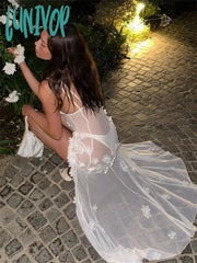 Lunivop Floral White Dress For Women See-Through Maxi Bodycon Summer Lace Chiffon Wedding Party