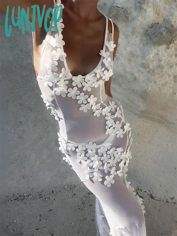 Lunivop Floral White Dress For Women See-Through Maxi Bodycon Summer Lace Chiffon Wedding Party