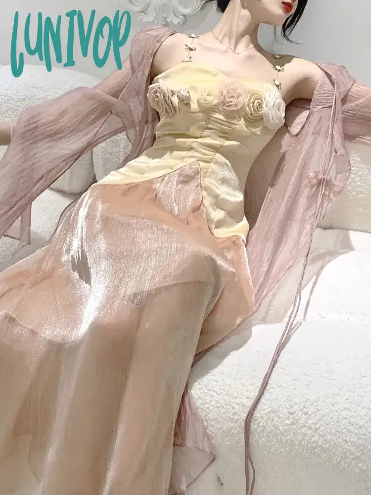 Lunivop Flower Beach Party Two-Piece Dress Women Summer France Vintage Strap Suit Female Chiffon