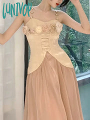 Lunivop Flower Beach Party Two-Piece Dress Women Summer France Vintage Strap Suit Female Chiffon