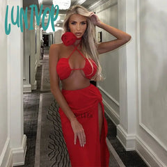Lunivop Flower Matching Halter Neck Low Cut Backless Crop Top And Maxi Split Skirt Two Piece Set