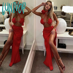 Lunivop Flower Matching Halter Neck Low Cut Backless Crop Top And Maxi Split Skirt Two Piece Set