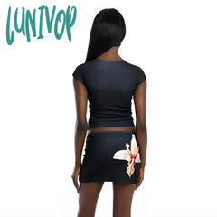 Lunivop Flower Mini Dress Set Women Summer Bodycon O Neck Slim Crop Tops Ladies Sexy Skirt 2 Piece