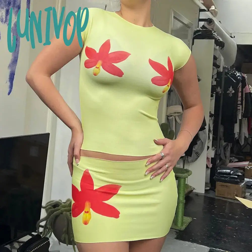 Lunivop Flower Mini Dress Set Women Summer Bodycon O Neck Slim Crop Tops Ladies Sexy Skirt 2 Piece
