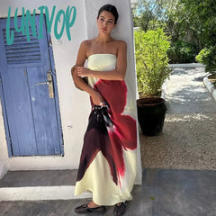 Lunivop Flower Print Holiday Dress Women Elegant Sexy Backless Strapless Maxi Dresses Summer