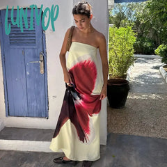 Lunivop Flower Print Holiday Dress Women Elegant Sexy Backless Strapless Maxi Dresses Summer