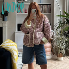 Lunivop Flower Print Jackets For Women Fashion Pocket Slim Coat Womens Clothes Street Casual Autumn