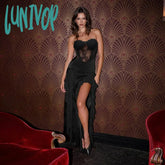 Lunivop Flower Sexy See Through Lace Women Dress Black Patchwork Strapless Maxi Winter Skinny