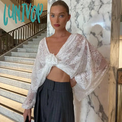 Lunivop Flower Splice Mesh Shirts For Women Sexy See Through Loose Long Sleeve Crop Tops Hot Girls