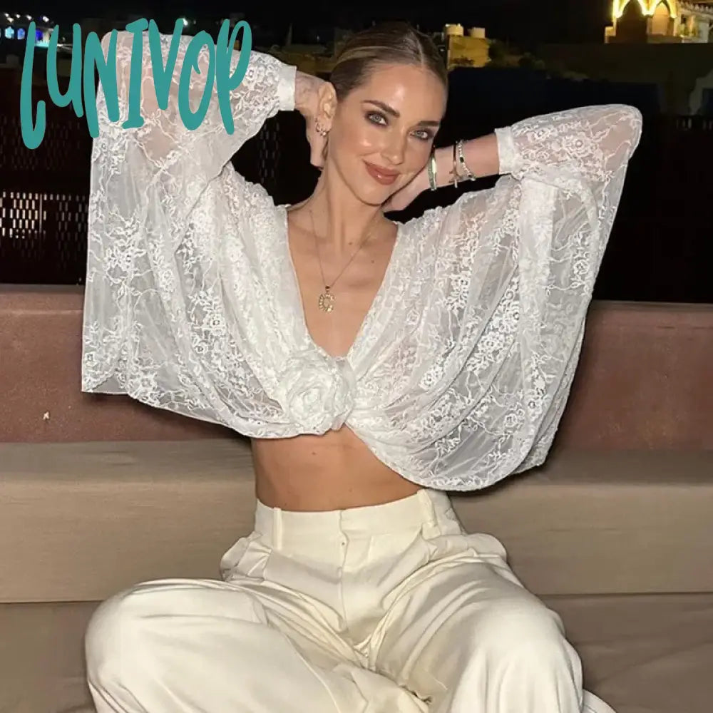 Lunivop Flower Splice Mesh Shirts For Women Sexy See Through Loose Long Sleeve Crop Tops Hot Girls