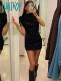 Lunivop Fly Sleeve Shiny Sequins Mini Dress Women Fashion O-Neck Black Short Elegant Female Chic